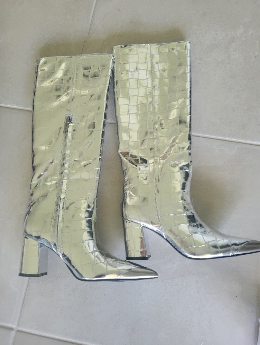 Kurt Geiger-London Metallic Silver Croc-Embossed Knee High Boots -NWT!